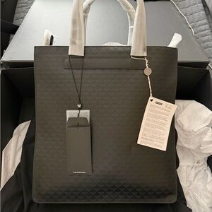 ARMANI LEATHER TOTE BAG WITH SHOULDER STRAP AND ALL-OVER LOGO PRINT